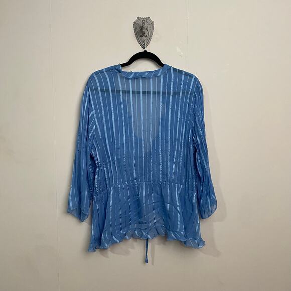 Vintage L Wicked stripe metallic blue long sleeve sheer blouse ruffle cardigan - Picture 5 of 7